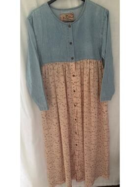 EXP Spirit of Nines Express Vintage 90s Denim Floral Button Down Maxi Dress S